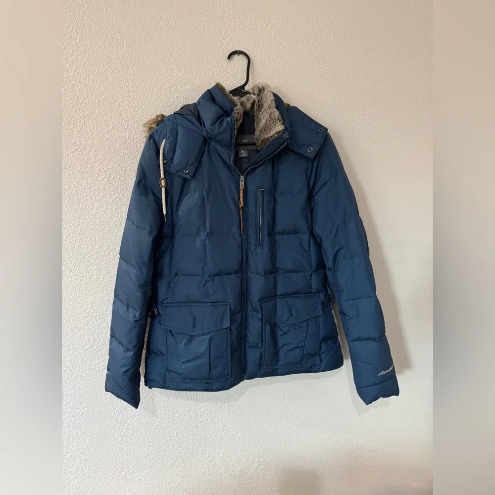 Eddie Bauer Women’s Large Blue Down Puffer Jacket Faux Fur Hood Winter Coat